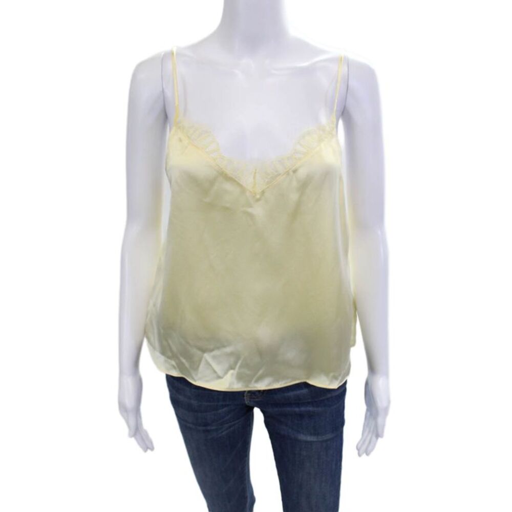 Etam Womens Satin V Neck Yellow Tank Top Solid Sleeveless Size S